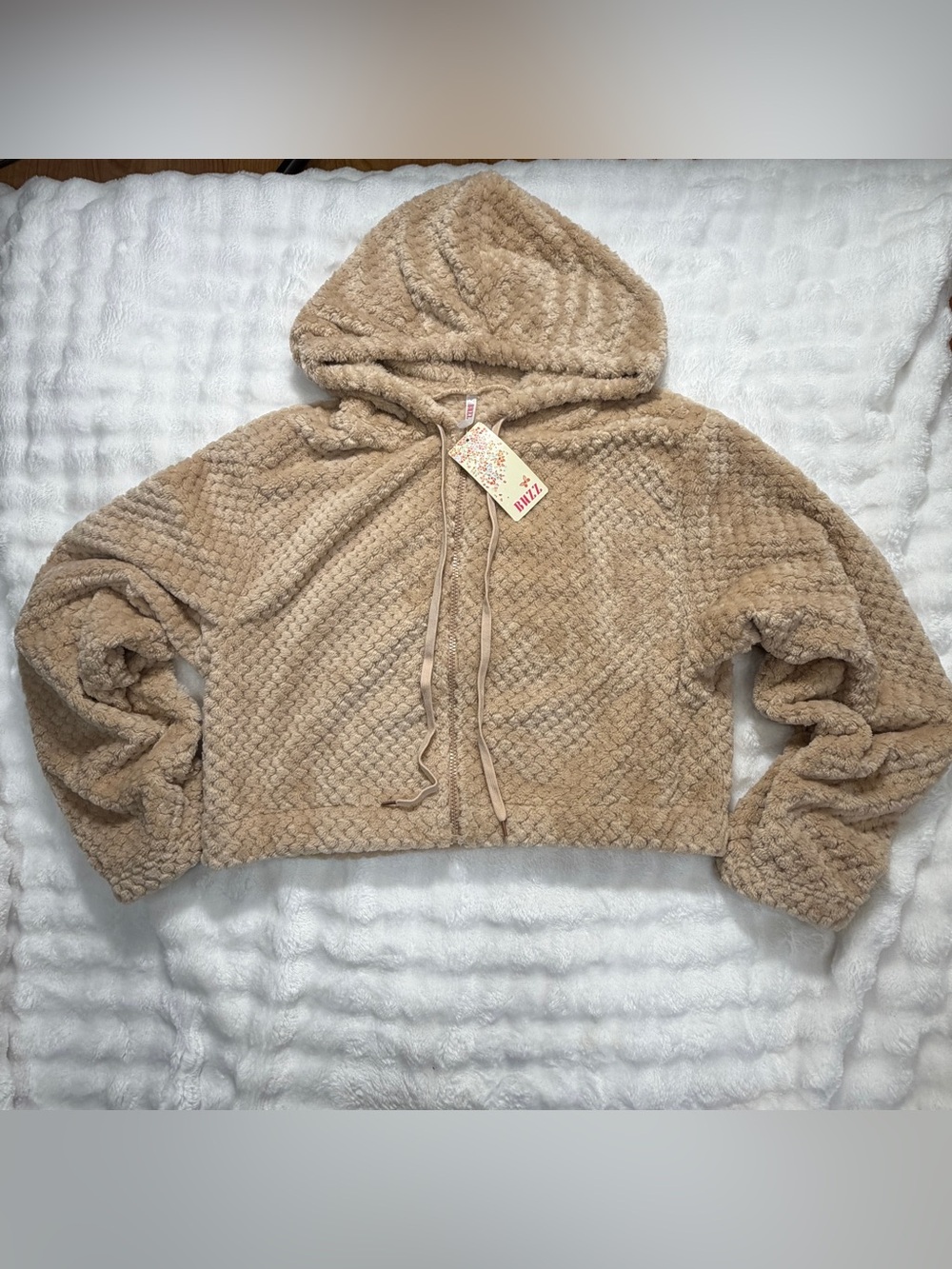 NWT BUZZ Youth Hooded Beige Cropped Zip Up Sherpa Hooded Sweater Size Large - Picture 2 of 7